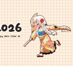  1girl 2026 absurdres ahoge anime_coloring back_bow beads blue_bow blue_sash bow braid brown_eyes brown_sandals candy_print carnation child clenched_hand commentary_request facepaint floating_clothes floating_hair floral_print flower flower_knot food_print full_body grid_background hagoita hair_beads hair_between_eyes hair_bun hair_flower hair_ornament hair_over_shoulder hanetsuki happy happy_new_year haregi highres holding holding_paddle ink japanese_clothes kimono lace-trimmed_kimono lace_trim leg_up light_blush long_hair long_sleeves looking_ahead magia_record:_mahou_shoujo_madoka_magica_gaiden mahou_shoujo_madoka_magica momoe_nagisa momoe_nagisa_(haregi_costume) new_year obi official_alternate_costume official_style open_mouth paddle pink_ribbon playing_games pointy_nose print_kimono red_flower ribbon rioran sandals sash single_side_bun sleeves_past_wrists smile socks solo tabi tareme twin_braids waist_ribbon white_hair white_socks wide_sleeves yellow_background yellow_kimono zouri 