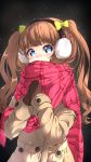  1girl absurdres bangs blue_eyes blush bow brown_coat brown_gloves brown_hair coat covered_mouth darjeeling_(reley) earmuffs enpera eyebrows_visible_through_hair gloves green_bow hair_bow hands_up head_tilt highres kakyouin_chieri long_hair long_sleeves looking_at_viewer own_hands_together red_scarf scarf sleeves_past_wrists solo symbol-shaped_pupils two_side_up very_long_hair virtual_youtuber 