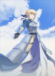  1girl ahoge armor artoria_pendragon_(fate) blonde_hair blue_dress blue_ribbon breastplate cloud cloudy_sky commentary dress english_commentary fate/stay_night fate_(series) gauntlets green_eyes hair_ribbon highres ribbon saber_(fate) sky smile solo thorn_(kmconceptart) 
