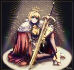  1girl ahoge armor artoria_pendragon_(fate) blonde_hair breastplate caliburn_(fate) cape crown fate/grand_order fate_(series) fukouda gauntlets gold_armor green_eyes high_heels looking_at_viewer lord_logres_(fate) lord_logres_(first_ascension)_(fate) red_cape short_hair solo 