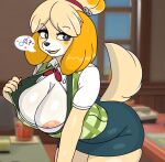 animal_crossing anthro bent_over big_breasts blonde_hair bottomwear breasts butt canid canine canis cleavage clothed clothing domestic_dog eyelashes female flashing flashing_breasts fur gender_symbol gender_symbol_penetration green_clothing hair hi_res huge_breasts inside isabelle_(animal_crossing) lewd_symbolism mammal nintendo nipple_slip office shih_tzu skirt smile solo spoldier symbol tail toy_dog unprofessional_behavior yellow_body yellow_fur