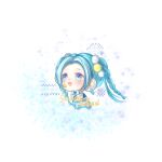  1girl bare_shoulders barefoot blue_eyes blue_gloves blue_hair blue_shirt blue_skirt braid braided_twintails chibi chinese_commentary commentary_request commission cropped_shirt diamond-shaped_earrings eyelashes forehead gloves hands_on_own_chin happy headset highres idol infinity_nikki light_blush long_hair looking_ahead midriff miniskirt nikki_(series) official_alternate_color open_mouth sample_watermark shirt skirt skirt_set smile solo star_(symbol) star_symbol_background starry_path_(infinity_nikki) tareme twintails very_long_hair watermark white_background yinhe_maomao 