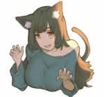  :d animal_ear_fluff animal_ears backlighting bangs black_hair blue_shirt breasts brown_eyes brown_hair cat_ears cat_tail claw_pose commentary cropped_torso eyebrows_visible_through_hair fangs large_breasts long_hair long_sleeves looking_at_viewer mogu_(kanikama_mgmg) off_shoulder open_mouth original shirt simple_background smile solo tail upper_body white_background 