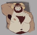 2022 anthro armpit_hair beard body_hair bovid bovid_horn brown_hair caprine caprine_horn carl_hendricks clothed clothing echo_(game) echo_(series) echo_project facial_hair fur grin hair hand_behind_head hi_res horn male mammal moobs musclegut muscular navel neck_tuft nipples overweight overweight_anthro overweight_male raised_arm sheep sinfulspikes smile solo topless topless_anthro topless_male tuft