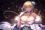  artoria_pendragon_(all) artoria_pendragon_(lancer) bangs bare_shoulders black_background blonde_hair blue_eyes blue_flower blue_ribbon breast_hold breasts cenangam cleavage collarbone commentary_request eyebrows_visible_through_hair fan fate/grand_order fate_(series) floral_print flower folding_fan fur_trim gloves hair_between_eyes hair_flower hair_ornament hair_ribbon hair_stick hand_up holding holding_fan huge_breasts japanese_clothes kimono looking_at_viewer parted_lips ribbon signature solo white_gloves white_kimono wide_sleeves yukata 