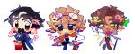  3boys ahoge animification bird_boy bird_wings black_eyes black_hair black_suit book bow bowtie brown_hair cane chibi chibi_only commentary english_commentary explosive facial_hair fishing_rod flower full_body gloves goggles goggles_on_head goodtimeswithscar green_eyes green_vest grian_(youtuber) hair_between_eyes hair_flower hair_ornament head_wings highres holding holding_cane holding_fishing_rod looking_at_viewer low_wings male_focus minecraft minecraft_shield minecraft_youtube muffymayhem multiple_boys mumbo_jumbo_(youtuber) mustache necktie official_alternate_costume open_mouth outstretched_hand parrot_boy parted_bangs pink_flower pointy_ears ponytail red_bow red_bowtie red_eyes red_necktie red_sweater scar scar_on_face shield short_hair short_ponytail simple_background standing standing_on_one_leg suit sweater tan tnt tnt_block_(minecraft) traffic_life_series vest white_background white_gloves wild_life_smp wings 