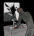  black_shirt brown_hair censored censored_identity cowboy_shot faucet highres leaning_forward long_sleeves looking_at_reflection mirror original revol4357 self-harm shirt short_hair sink torn_paper wrist_cutting 