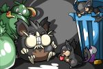  alolan_raticate alolan_rattata apple apple_core bottle_cap bright_pupils commentary_request eating food fruit gold_bottle_cap_(pokemon) highres holding in_container in_trash_can leftovers_(pokemon) marlowe no_humans one_eye_closed pokemon pokemon_(creature) pokemon_focus potion_(pokemon) red_eyes shadow sharp_teeth sitting teeth trash trash_bag trash_can trubbish white_pupils 