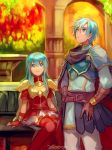  1girl 2900cm aqua_hair armor blue_eyes blush breastplate brother_and_sister cape eirika ephraim fire_emblem fire_emblem:_seima_no_kouseki fire_emblem_heroes long_hair open_mouth short_hair siblings 