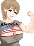  absurdres american_flag_shirt blue_eyes breasts brown_hair cleavage cleavage_cutout commentary_request covered_nipples hair_between_eyes highres intrepid_(kantai_collection) kantai_collection kilroylw large_breasts open_mouth ponytail shirt short_hair simple_background t-shirt tongue tongue_out upper_body 