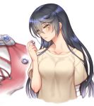  bandaged_arm bandages black_hair blush breasts collarbone cropped_torso folks_(nabokof) holding holding_ring jewelry large_breasts long_hair ring shirt short_sleeves simple_background solo tales_of_(series) tales_of_berseria velvet_crowe very_long_hair white_background white_shirt yellow_eyes 