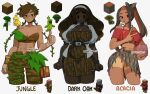  3girls abs acacia_log_(minecraft) animal_on_shoulder bakuatsukiyu bandaged_hand bandages bandeau bare_shoulders belt bird bird_on_hand bird_on_shoulder black_hair breasts brown_bandeau brown_hair cardigan cleavage cocoa_bean colored_inner_hair colored_tongue commentary crop_top dark-skinned_female dark_oak_log_(minecraft) dark_skin dress english_commentary english_text fluffy_hair green_bandeau green_bird green_tongue hair_vines hairband high_ponytail highres holding inward_v jungle_log_(minecraft) leaf_in_hair long_hair looking_at_viewer midriff minecraft multicolored_hair multiple_girls navel no_sclera object_and_personification off-shoulder_shirt off_shoulder orange_hair parrot parrot_(minecraft) personification pillager_(minecraft) plant ponytail puffy_sleeves red_shirt reference_inset shirt short_hair shorts side-tie_skirt simple_background sleeveless smile solid_eyes strapless strapless_dress thumbs_up toned toned_female tongue tongue_out two-tone_hair unmoving_pattern v very_dark_skin villager_(minecraft) vine_on_leg vines white_background white_cardigan white_hairband yellow_bird yellow_nails 