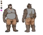  2018 4_toes anthro barefoot beard biceps brown_hair butt clothed clothing facial_hair feline hair hyenaface male mammal model_sheet overweight overweight_male purple_eyes roantiger saber-toothed_cat shirt shorts simple_background solo standing tank_top toes white_background 