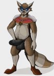  anthro belly body_hair brown_fur bulge chest_tuft clothing delirost erection facial_hair footwear fur goatee male mammal mask penis_outline procyonid pubes raccoon shoes sir_galleth_cooper slightly_chubby sly_cooper_(series) solo thong tuft underwear video_games 