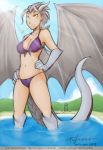  2018 5_fingers alternate_form animal_humanoid beach bikini biped breasts cleavage clothed clothing dragon_humanoid eyelashes female geckoguy123456789 gloves_(marking) hair hands_on_hips horn humanoid lady_nora lighting long_tail looking_at_viewer markings membranous_wings navel pale_skin partially_submerged patreon pointy_ears portrait pose scales scalie seaside short_hair sky smile smirk solo standing swimsuit thick_tail three-quarter_portrait tom_fischbach twokinds water white_hair white_scales white_tail white_wings wings yellow_eyes 