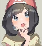  beanie black_hair blue_eyes commentary_request grey_background hat mizuki_(pokemon) open_mouth pokemon pokemon_(game) pokemon_sm red_hat short_hair short_sleeves simple_background solo unapoppo 