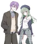  1boy 1girl :o aqua_streaks arms_at_sides asymmetrical_sidelocks beret blazer blue_hat blue_jacket blue_skirt breasts brown_jacket brown_pants clenched_hand clothes_around_waist collarbone collared_shirt commentary_request cowboy_shot green_hair grey_shirt hair_between_eyes hands_in_pockets hat highres jacket kamishiro_rui korean_commentary kusanagi_nene lapels long_hair long_sleeves looking_at_viewer miniskirt multicolored_hair notched_lapels official_alternate_costume official_alternate_hairstyle one_eye_closed open_clothes open_jacket pants parted_lips plaid_clothes plaid_shirt project_sekai purple_eyes purple_hair shirt short_hair sidelocks simple_background single_off_shoulder skirt sleeveless sleeveless_shirt sleeves_past_wrists small_breasts smile standing star_moongji streaked_hair sweater v-neck wavy_hair white_background white_shirt yellow_eyes zozotown 