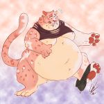  anthro barefoot belly belly_overhang big_belly blue_eyes blush claws clothed clothing feline freestone fur leopard love_handles male mammal moobs obese obese_male on_one_leg open_mouth overweight overweight_male partially_clothed pawpads raccoonkind solo spots spotted_fur standing teeth thick_thighs toe_claws torn_clothing wardrobe_malfunction worried 