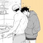  2boys blush borrowed_clothes closed_eyes closed_mouth commentary_request cooking cup dolphin_shorts frying_pan fushiguro_megumi hands_in_pockets heart hickey hood hood_down hoodie itadori_yuuji jj59u jujutsu_kaisen kitchen looking_at_another male_focus male_underwear male_underwear_peek morning_after mug multiple_boys muscular muscular_male pants scratches short_hair short_shorts shorts sleepy spiked_hair stove sweatpants topless_male undercut underwear yaoi 
