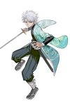  1boy aqua_eyes aqua_haori black_pants bleach commentary demon_slayer_uniform dragon_print expressionless full_body grey_hair grey_socks haori highres hitsugaya_toushirou hitsuran99 holding holding_sword holding_weapon japanese_clothes kimetsu_no_yaiba male_focus pants sandals sheath socks solo sword weapon 