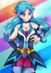  aqua_(yuu-gi-ou_vrains) bear37 blue_eyes blue_hair blue_maiden choker commentary_request duel_disk earrings facial_tattoo highres jewelry long_hair multicolored_hair pantyhose skirt tattoo two-tone_hair yuu-gi-ou yuu-gi-ou_vrains zaizen_aoi 