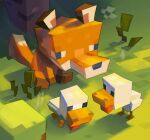  animal animal_focus baby_animal birch_tree bird chick chicken chicken_(minecraft) commentary english_commentary faux_3d fox fox_(minecraft) full_body highres low_poly minecraft minecraft_(style) no_humans official_style outdoors painterly sitting tree valorous_kid 