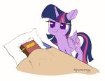 bed bedding blanket book equid equine female feral friendship_is_magic furniture hasbro horn mammal my_little_pony mythological_creature mythological_equine mythology ponionyy simple_background smile solo tucking_in twilight_sparkle_(mlp) winged_unicorn wings