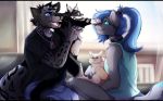  2018 anthro black_bars blue_eyes blue_hair canine cat collar detailed_background digital_media_(artwork) feline feral fur grey_fur group hair mammal open_mouth sitting smile tai_lung_(artist) teeth tongue wolf 