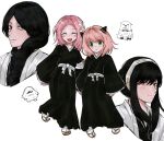  4girls anima_tion_1 anya_(spy_x_family) black_hair black_hakama bleach bleach:_sennen_kessen-hen blue_eyes blush_stickers bond_(spy_x_family) bone_hair_ornament braid color_connection cosplay crossover dog green_eyes hair_color_connection hair_ornament hairband hairpods hakama haori highres japanese_clothes kusajishi_yachiru kusajishi_yachiru_(cosplay) multiple_girls pink_hair red_eyes shihakusho smile spy_x_family taichou_haori unohana_retsu unohana_retsu_(cosplay) white_hairband white_haori yor_briar 