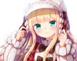  :3 aran_sweater baram blonde_hair blush bow brown_bow closed_mouth green_eyes hands_up hat head_tilt long_hair long_sleeves looking_at_viewer mononobe_alice nijisanji plaid puffy_long_sleeves puffy_sleeves simple_background sleeves_past_wrists smile solo sweater upper_body virtual_youtuber white_background white_hat white_sweater 