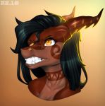  2018 abria-the-dragon amber_eyes anthro biped black_hair brown_eyebrows brown_scales bust_portrait dragon eyebrows eyelashes female hair horn long_hair markings multicolored_scales portrait radiant_scar reptile scales scalie simple_background solo tan_background teeth two_tone_scales 