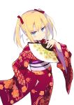  absurdres amaryllis_class bangs blonde_hair blue_eyes blush bow closed_mouth eyebrows_visible_through_hair fan fingernails floral_print folding_fan hair_between_eyes hair_bow hand_up highres holding holding_fan japanese_clothes kimono kotohara_hinari long_hair long_sleeves looking_at_viewer obi print_kimono red_bow red_kimono sash sidelocks simple_background sleeves_past_wrists smile solo tama_(tama-s) twintails virtual_youtuber white_background 