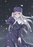  absurdres adjusting_hair coat eyebrows_visible_through_hair fate/stay_night fate_(series) floating_hair grey_background hair_between_eyes hat highres illyasviel_von_einzbern linjie long_hair looking_at_viewer purple_capelet purple_coat purple_hat red_eyes silver_hair smile snowing solo standing very_long_hair white_neckwear winter_clothes winter_coat 