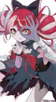  1girl :p absurdres ahoge bandaged_arm bandages bare_shoulders black_bow black_dress black_nails blunt_ends blush bow chest_bow claw_pose colored_skin colored_tongue commentary diamond-shaped_pupils diamond_(shape) double_bun dress dress_bow fangs fingernails gradient_eyes green_eyes grey_hair grey_skin hair_bow hair_bun heterochromia highres hololive hololive_indonesia kureiji_ollie kureiji_ollie_(1st_costume) layered_dress leaning_forward long_fingernails long_hair looking_at_viewer mismatched_pupils multicolored_eyes multicolored_hair multicolored_skin ok_sign ok_sign_over_eye patchwork_skin pink_hair puffy_short_sleeves puffy_sleeves purple_tongue red_eyes red_hair sharp_fingernails short_sleeves simple_background solo stitched_arm stitched_face stitched_leg stitched_torso stitches symbol-shaped_pupils tongue tongue_out torn_clothes torn_dress tumugi_sunohara two-tone_skin underbust virtual_youtuber white_background white_skin x-shaped_pupils yellow_eyes zombie 