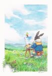  1other aqua_pants belt belt_pouch bird black_shoes blue_flower blue_hoodie blue_sky border brown_belt bucket canvas_(object) cloud commentary day easel flower furry grass green_bird highres holding holding_paint_palette holding_paintbrush hood hood_down hoodie lizard on_rock orange_flower original outdoors outside_border paint_palette paintbrush painting_(action) painting_(object) pants pouch purple_flower rabbit red_flower rock shoes signature sitting sky solo tama_(amedamadou) white_border white_flower 