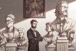  1boy beard black_coat black_hair bust_(sculpture) character_request coat collared_shirt commentary crossed_arms cuno disco_elysium dolores_dei english_commentary facial_hair glowing_organ harry_du_bois jean_vicquemare judit_minot kim_kitsuragi klaasje_amandou lungs male_focus portrait_(object) shirt short_hair statue wenny02 white_shirt 