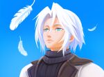  1boy aged_down armor black_jacket blue_sky blue_sweater closed_mouth commentary english_commentary falling_feathers feathers final_fantasy final_fantasy_vii final_fantasy_vii:_ever_crisis grey_hair highres illuscait jacket lips looking_up male_focus outdoors parted_bangs ribbed_sweater sephiroth sephiroth_(ever_crisis) short_hair shoulder_armor sky slit_pupils solo sweater turtleneck turtleneck_sweater upper_body white_feathers 