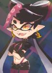  +_+ 1girl aori_(splatoon) belt black_belt black_gloves black_hair black_shirt black_shorts brown_legwear brown_panties collar commentary cowboy_shot crop_top domino_mask earrings fangs fishnet_pantyhose fishnets food food_on_head gloves highleg highleg_panties highres jewelry long_hair mask mole mole_under_eye navel object_on_head octopus okome_2g2g open_mouth panties pantyhose pantyhose_under_shorts pointy_ears shirt short_shorts short_sleeves shorts skindentation smile solo spiked_belt spiked_collar spikes splatoon splatoon_(series) splatoon_2 standing tentacle_hair underwear very_long_hair yellow_eyes 