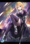  absurdres black_bow blonde_hair blue_dress blue_eyes blue_legwear bow braid braided_ponytail chain dress fate/apocrypha fate_(series) full_body gauntlets hair_between_eyes hair_bow hand_on_own_knee highres invisible_chair jeanne_d'arc_(fate) jeanne_d'arc_(fate)_(all) kujuu_shikuro long_hair looking_at_viewer shiny shiny_hair single_braid sitting smile solo thighhighs very_long_hair 