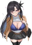  1girl alternate_costume azur_lane bag black_hair black_skirt black_thighhighs blush bra breasts brown_jacket casual commentary_request dupleix_(azur_lane) glasses gloves hair_ornament highres jacket large_breasts long_hair long_sleeves looking_at_viewer mole mole_under_eye parted_lips purple_bra purple_eyes semi-rimless_eyewear shirt shoulder_bag skirt soul_(dp11) thighhighs underwear white_background white_shirt 