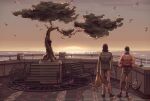  2boys bag bench bird black_hair blazer bomber_jacket commentary disco_elysium english_commentary from_behind full_body green_jacket hands_in_pockets harry_du_bois holding holding_bag horizon jacket kim_kitsuragi male_focus multiple_boys orange_jacket outdoors pier railing seagull short_hair standing sunset tree wenny02 