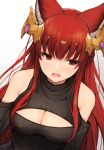 alternate_costume animal_ears anthuria arms_at_sides bangs bare_shoulders black_sweater blush breasts cleavage_cutout commentary_request covered_nipples detached_sleeves dutch_angle erune eyebrows_visible_through_hair granblue_fantasy hair_ornament highres impossible_clothes koretsuki_azuma long_hair looking_to_the_side medium_breasts red_eyes red_hair ribbed_sweater solo sweater turtleneck turtleneck_sweater upper_body 