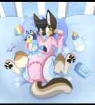 4_fingers 4_toes ambiguous_gender anthro baby_bottle baby_wipes ball black_bars black_body black_fur black_hair black_nose black_pawpads blue_pacifier blue_pillow bluey_(series) bluey_heeler brown_body brown_fur brown_tail button_(fastener) chew_toy clothed clothing cloud_emanata crib diaper diaper_peekage diaper_puff diaper_under_clothing diaper_under_onesie domestic_cat emanata empty_bottle feet felid feline felis fingers fur hair hi_res holding_object holding_plushie hybrid inner_ear_fluff jack_cabbit jupiters lagomorph leporid letterbox lying mammal multicolored_body multicolored_fur multicolored_tail object_in_mouth on_back on_pillow onesie pacifier pacifier_in_mouth pawpads pawprint_print pillow pink_inner_ear pink_onesie plushie rabbit seam_(sewing) smile snapsuit solo tail tan_body tan_fur tan_inner_ear_fluff tan_tail toes tuft wearing_diaper whisker_spots