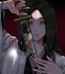  1boy 1girl anima_tion_1 black_hair bleach bleach:_sennen_kessen-hen blue_eyes expressionless frown haori highres holding holding_sword holding_weapon japanese_clothes long_hair portrait red_eyes reflection scar scar_across_eye scar_on_cheek scar_on_face scar_on_forehead shihakusho solo_focus sword taichou_haori unohana_retsu weapon white_haori zaraki_kenpachi 