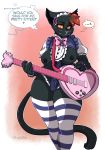  2018 anthro areola arnachy breasts cat clothed clothing dialogue digital_media_(artwork) english_text feline female guitar hi_res legwear mae_(nitw) maid_uniform mammal musical_instrument night_in_the_woods nipples orange_eyes solo striped_legwear stripes text uniform yellow_sclera 