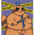  2018 absurd_res alice_detective_bureau anthro balls baton brown_fur english_text eyebrows flaccid fur hat hi_res humanoid_hands inspector_arai kusosensei male mammal moobs mostly_nude necktie nipples overweight overweight_male penis procyonid pubes raccoon simple_background solo text thick_eyebrows 