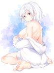  akira_(tsunekichi) ass bangs barefoot breasts closed_mouth colored_eyelashes commentary_request expressionless from_behind full_body highres long_sleeves looking_at_viewer looking_back medium_breasts nipples no_bra off_shoulder original shadow short_hair sitting solo sweater tsunekichi wariza white_hair white_sweater 