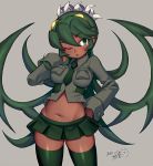  artist_name blush breasts closed_mouth dark_skin dated eyebrows_visible_through_hair fukua_(skullgirls) green_eyes green_hair green_legwear green_lipstick green_neckwear green_skirt hand_on_hip iroyopon large_breasts lipstick long_hair looking_at_viewer makeup navel necktie one_eye_closed shamone_(skullgirls) signature skirt skullgirls thighhighs 