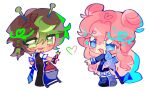  1boy 1girl :3 :d animification antennae axe beard_stubble black_pants blue_eyes blue_serafuku blue_shirt blue_skirt blush brown_hair brown_vest chibi chibi_only colored_eyelashes commentary double_bun english_commentary explosive facial_hair fairy_wings from_behind full_body green_eyes hair_bun heart highres holding holding_axe holding_sword holding_weapon ldshadowlady long_hair looking_at_viewer looking_back loose_socks minecart minecraft minecraft_axe minecraft_sword minecraft_youtube muffymayhem multicolored_hair pants pink_hair ponytail school_uniform serafuku shirt shoes short_ponytail simple_background skirt smallishbeans smile socks standing streaked_hair stubble sword tnt tnt_block_(minecraft) traffic_life_series very_long_hair vest weapon white_background white_shirt wings 