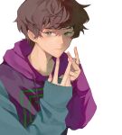  1boy absurdres animification bad_id bad_lofter_id bishounen brown_hair cutout_eyelashes drawstring dream_smp expressionless green_eyes hands_up highres hood hoodie karl_jacobs long_sleeves looking_at_viewer male_focus minecraft_youtube multicolored_hoodie pink_nails purple_hoodie short_hair simple_background solo upper_body vindalien white_background 